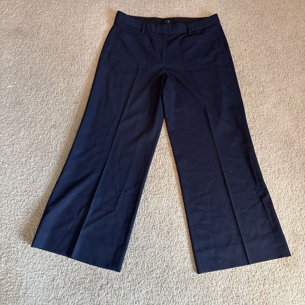 Theory Blue Wide Leg Flat Front Pants Pockets Virgin Wool USA Trousers Women's 6
